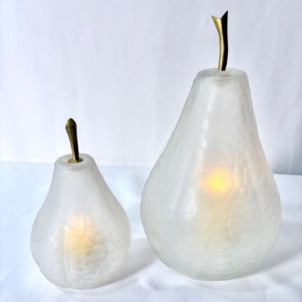 Currey and Company Pear Set Frosted Glass Brass Stems Decorative Sculptures‎ 2pc